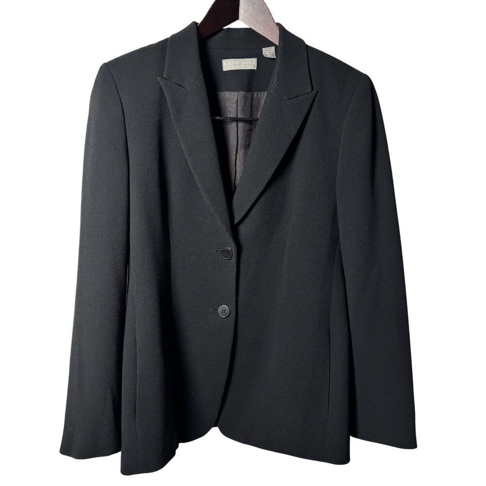 Kate Hill Petite Womens Black Blazer Size 6P Button Closure & Notched Lapel